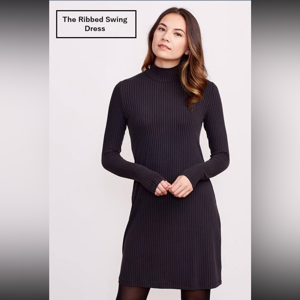 Brass Ribbed Swing Dress - Vintage Black L